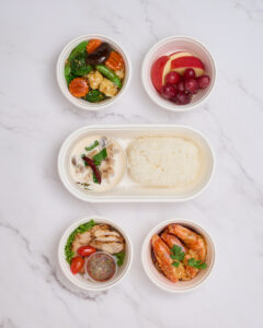 เซตต้มข่า-คอหมู-กุ้งซอสมะขาม-ผัดผัก-ผลไม้